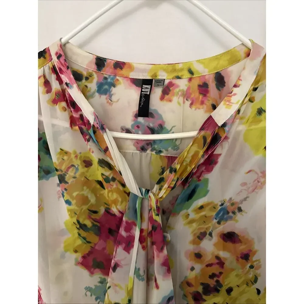 Kut from the Kloth Size Large Floral Womens Sheer Chiffon Button Down Top Blouse
